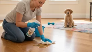 Leia mais sobre o artigo Como Limpar Xixi de Cachorro do Piso de Madeira (Sem Manchar) — Guia 2025