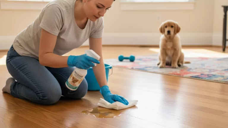 Leia mais sobre o artigo Como Limpar Xixi de Cachorro do Piso de Madeira (Sem Manchar) — Guia 2025