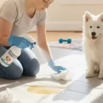 limpando rejunte de piso frio com escova e limpador enzimático após xixi de cachorro